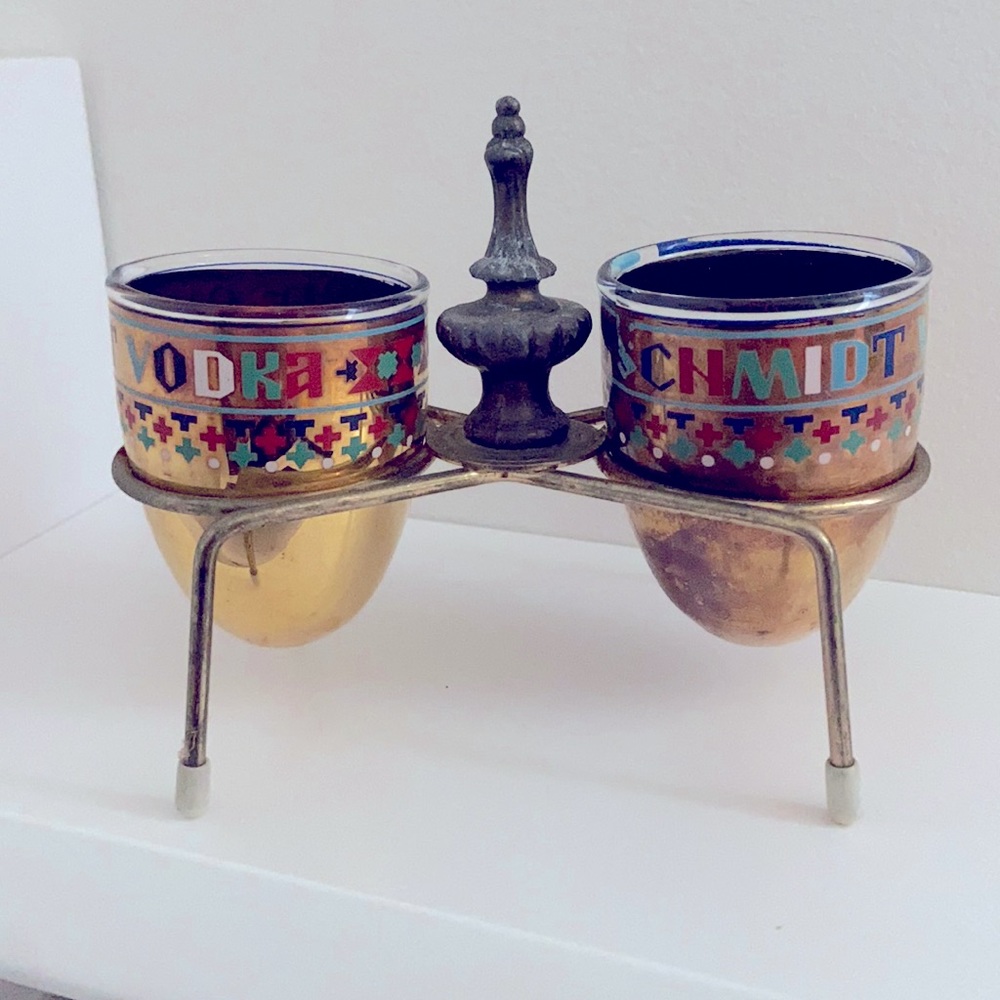 Vintage🧃Wolfschmidt Vodka Promotional Shot Glass Art Set of Two with Caddy